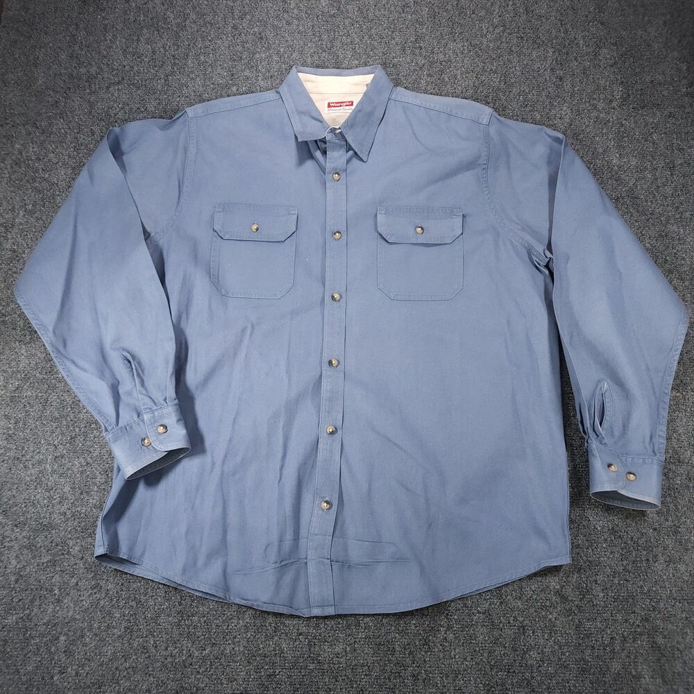 Vintage Wrangler Premium Quality Shirt Men Large Blue Snap Button 100% Cotton